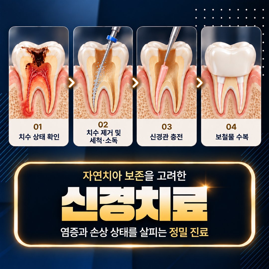 강서구 치과 서울라이프치과의원 신경치료 4단계 - 치수 상태 확인, 치수 제거 및 세척·소독, 신경관 충전, 보철물 수복